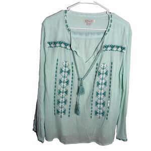 Khaki's & Co Blouse Women's Large V-Neck Embroidered Tassel Summer Boho Top